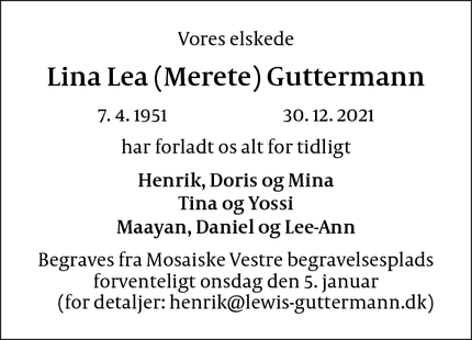 Dødsannoncen for Lina Lea (Merete) Guttermann - København