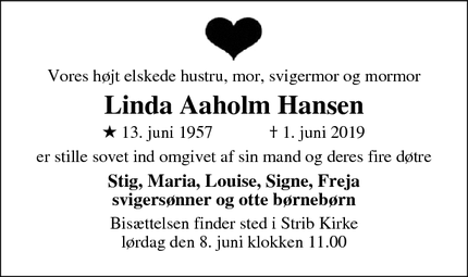 Dødsannoncen for Linda Aaholm Hansen - Strib (5500 Middelfart)