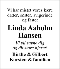 Dødsannoncen for Linda Aaholm Hansen - Strib