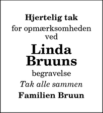 Dødsannoncen for Linda Bruuns - Nørager