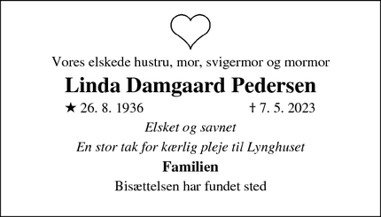 Dødsannoncen for Linda Damgaard Pedersen - Højby