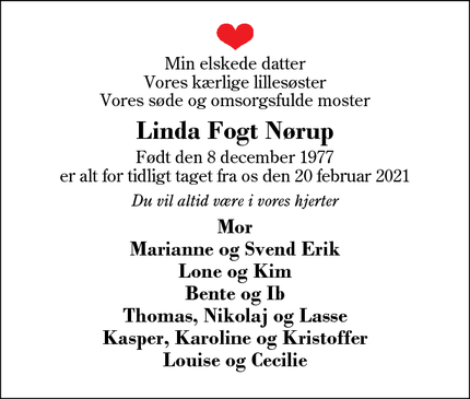Dødsannoncen for Linda Fogt Nørup - Sunds