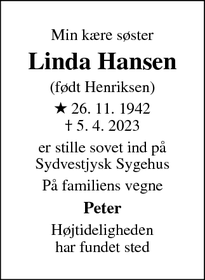 Dødsannoncen for Linda Hansen - Esbjerg