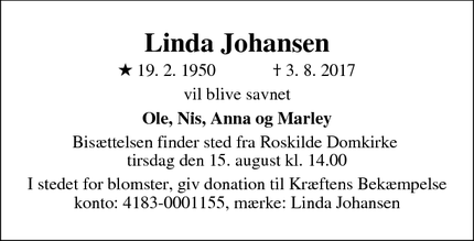 Dødsannoncen for Linda Johansen - Roskilde
