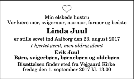 Dødsannoncen for Linda Juul - Aalborg