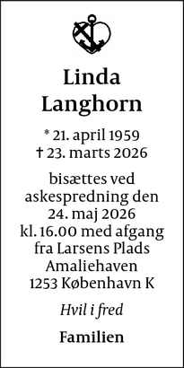 Dødsannoncen for Linda
Langhorn - København