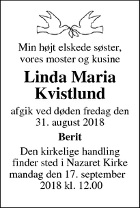 Dødsannoncen for Linda Maria Kvistlund - Kbh. Ø 2100