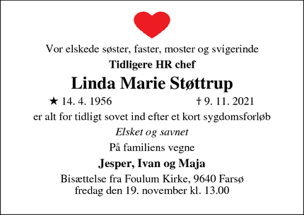 Dødsannoncen for Linda Marie Støttrup - Viby J 