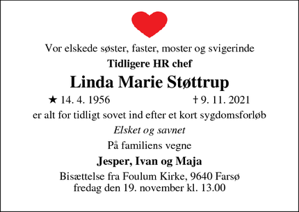 Dødsannoncen for Linda Marie Støttrup - Viby J 