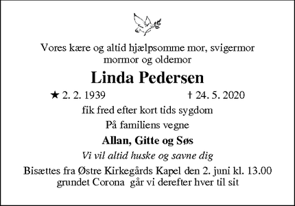 Dødsannoncen for Linda Pedersen - Roskilde