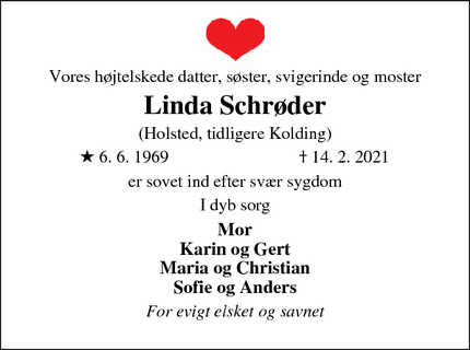 Dødsannoncen for Linda Schrøder - Holsted