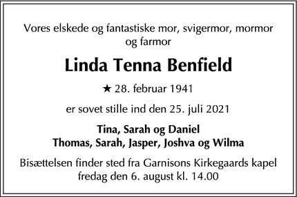 Dødsannoncen for Linda Tenna Benfield - København