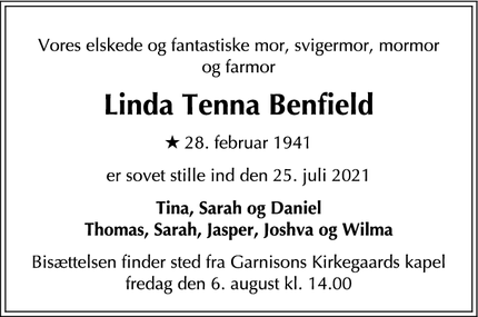 Dødsannoncen for Linda Tenna Benfield - København