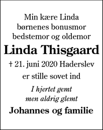 Dødsannoncen for Linda Thisgaard - Aabenraa