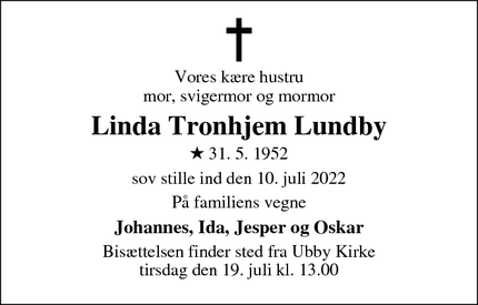 Dødsannoncen for Linda Tronhjem Lundby - Ubby