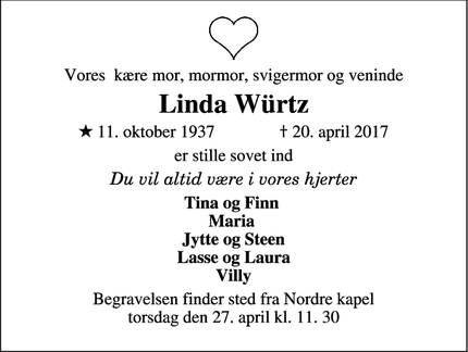 Dødsannoncen for Linda Würtz - Randers