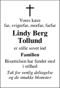 Dødsannoncen for Lindy Berg
Tollund - Barrit