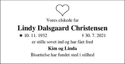 Dødsannoncen for Lindy Dalsgaard Christensen - Esbjerg V