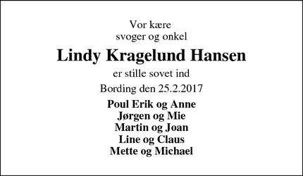 Dødsannoncen for Lindy Kragelund Hansen - Bording