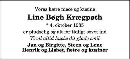 Dødsannoncen for Line Bøgh Krægpøth - Hjørring