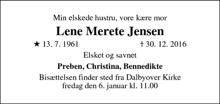 Dødsannoncen for Lene Merete Jensen - Randers