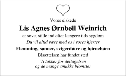 Dødsannoncen for Lis Agnes Ørnbøll Weinrich - Dragør