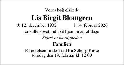 Dødsannoncen for Lis Birgit Blomgren - Vordingborg