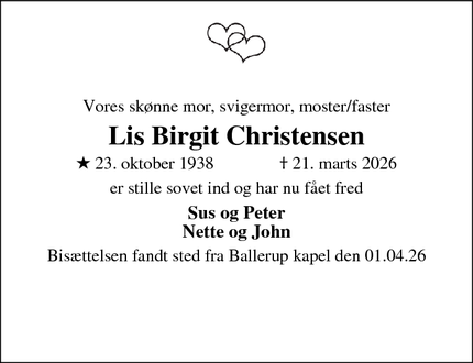 Dødsannoncen for Lis Birgit Christensen - 3310 Ølsted