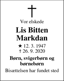 Dødsannoncen for Lis Bitten Markdan - Vallensbæk