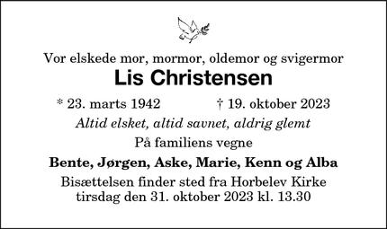 Dødsannoncen for Lis Christensen - nykøbing