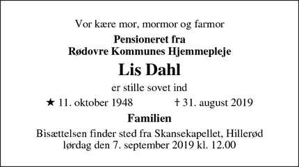 Dødsannoncen for Lis Dahl - Rødovre