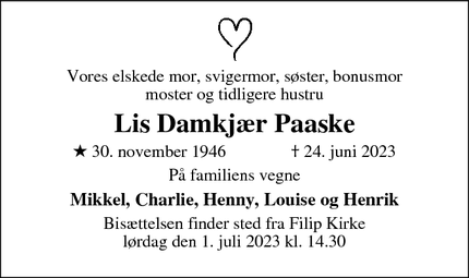 Dødsannoncen for Lis Damkjær Paaske - Øresund Parkvej 21, 5, 2300 København S