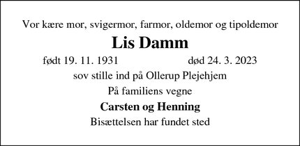 Dødsannoncen for Lis Damm - Vester Skerninge