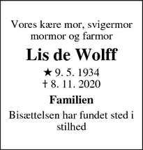 Dødsannoncen for Lis de Wolff - Auning