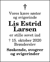 Dødsannoncen for Lis Estrid Larsen - Brønderslev