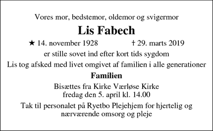 Dødsannoncen for Lis Fabech - Værløse