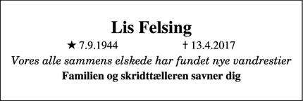 Dødsannoncen for Lis Felsing - Frederiksberg