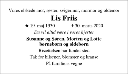 Dødsannoncen for Lis Friis - Kgs. Lyngby