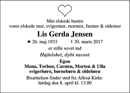 Dødsannoncen for Lis Gerda Jensen - Særslev