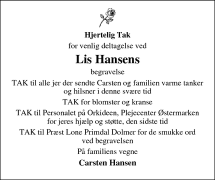 Taksigelsen for Lis Hansens - Aars
