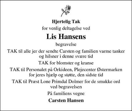 Taksigelsen for Lis Hansens - Aars