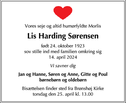 Dødsannoncen for Lis Harding Sørensen - Frederiksberg