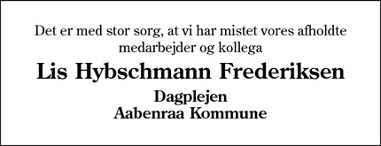 Dødsannoncen for Lis Hybschmann Frederiksen - Aabenraa