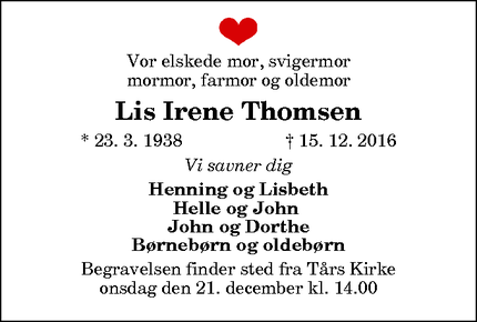 Dødsannoncen for Lis Irene Thomsen - Tårs