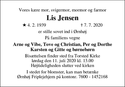 Dødsannoncen for Lis Jensen  - Ørnhøj