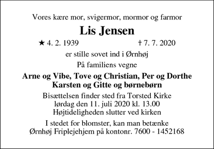 Dødsannoncen for Lis Jensen - Ørnhøj