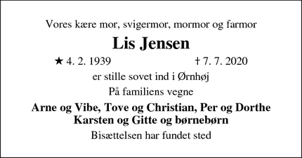 Dødsannoncen for Lis Jensen - Ørnhøj