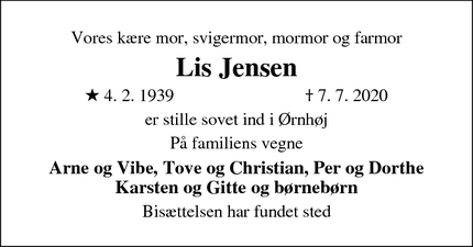 Dødsannoncen for Lis Jensen  - Ørnhøj