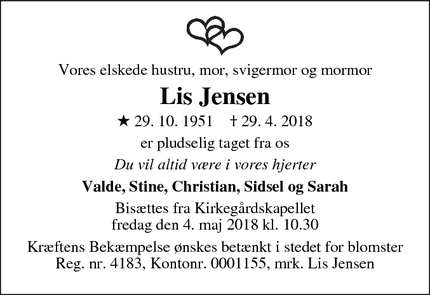 Dødsannoncen for Lis Jensen - odense C