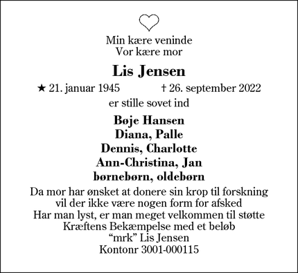 Dødsannoncen for Lis Jensen - Herning